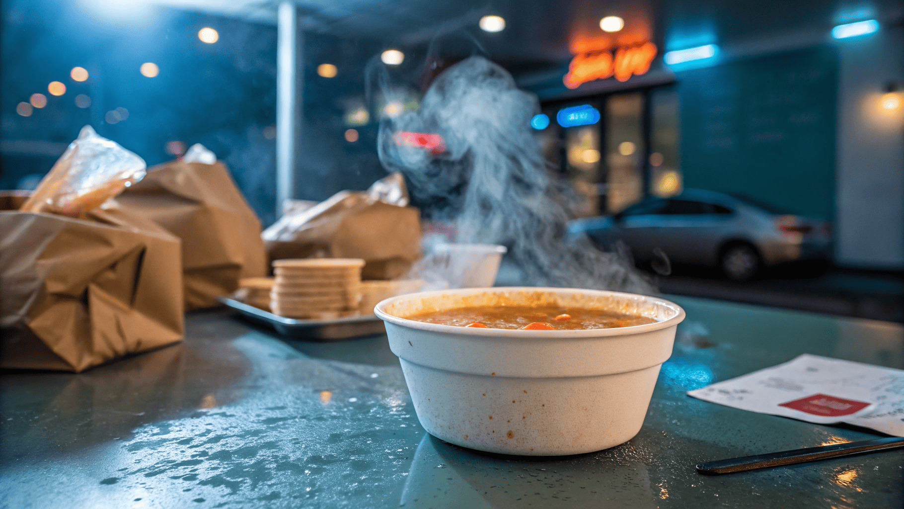 An image showing a wax-coated bowl and a foam bowl with a large red warning symbol over them.
