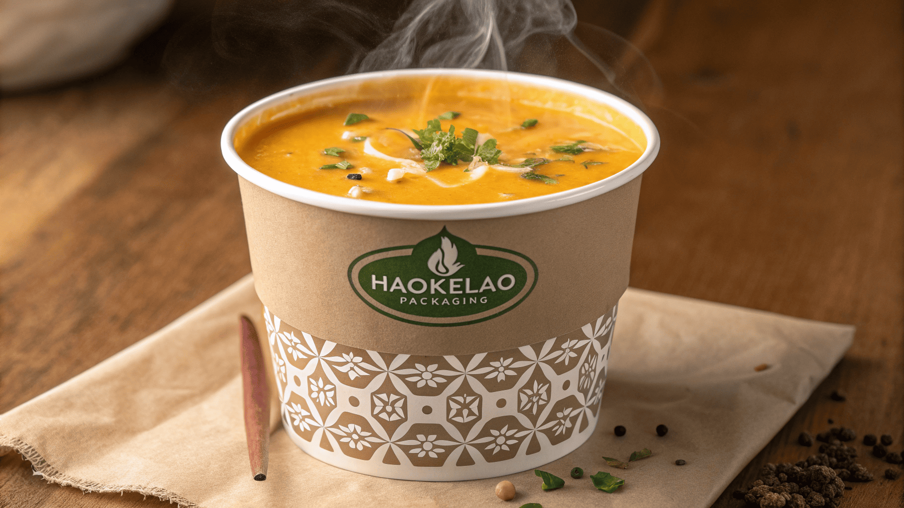 Damaged paper bowl from hot soup with leaks