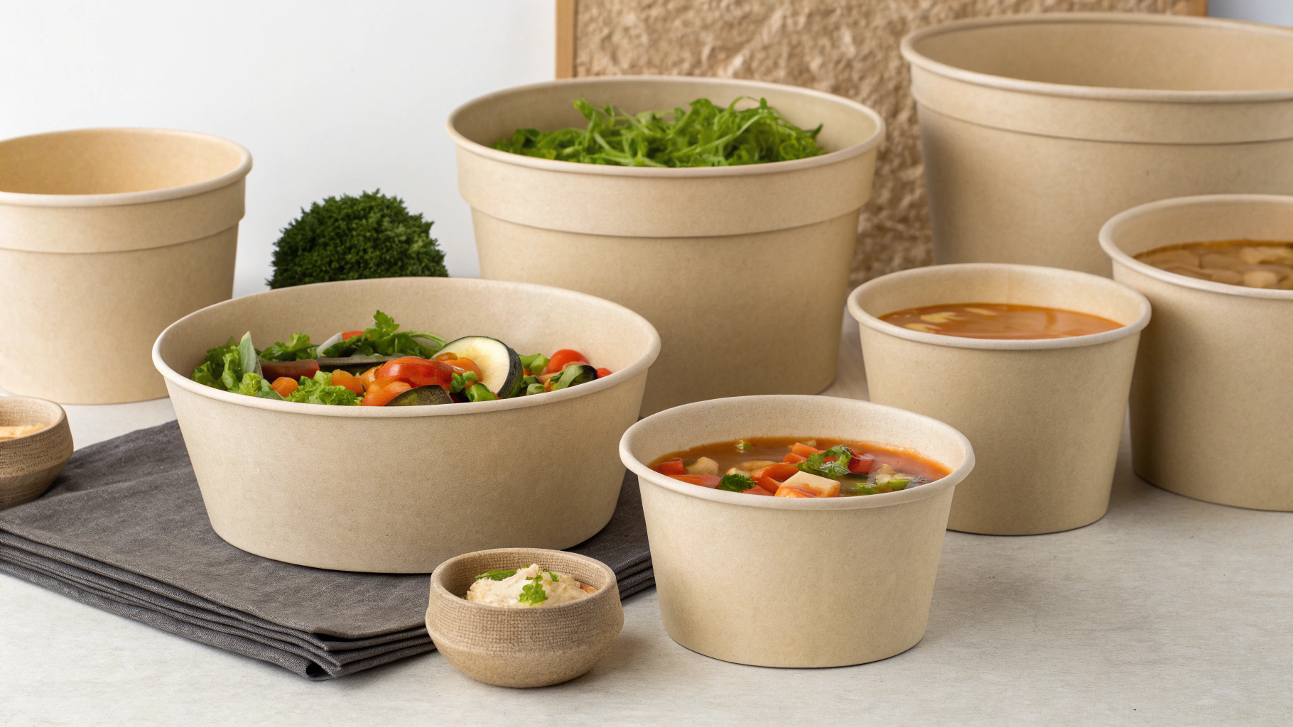 A lineup of different sized disposable paper soup bowls.