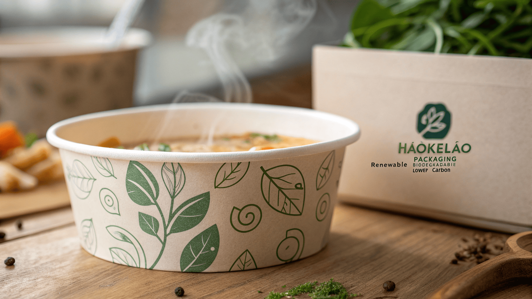 Eco-friendly paper soup bowls with green logo print