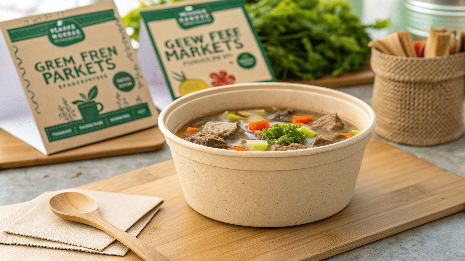 A sturdy, compostable sugarcane bagasse bowl holding hot soup.