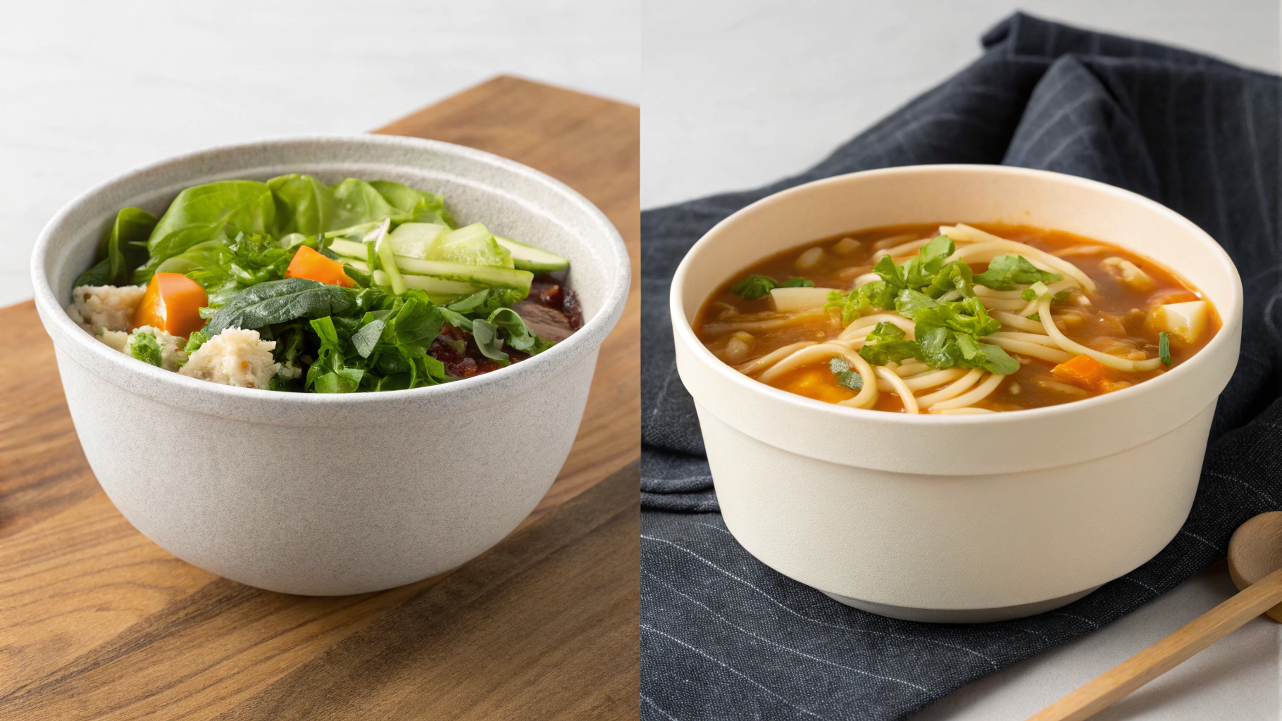A double-wall paper soup bowl next to a single-wall bowl.