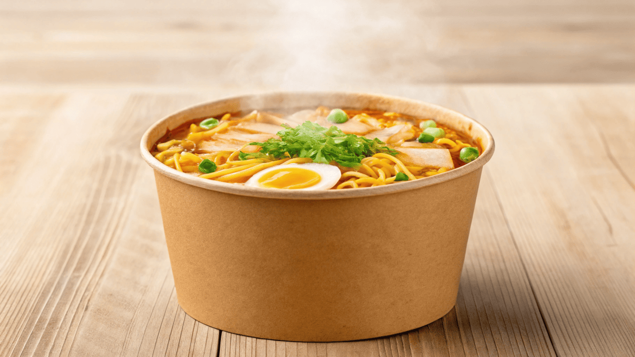 A hearty bowl of takeout ramen in a custom-branded 32oz Kraft paper bowl