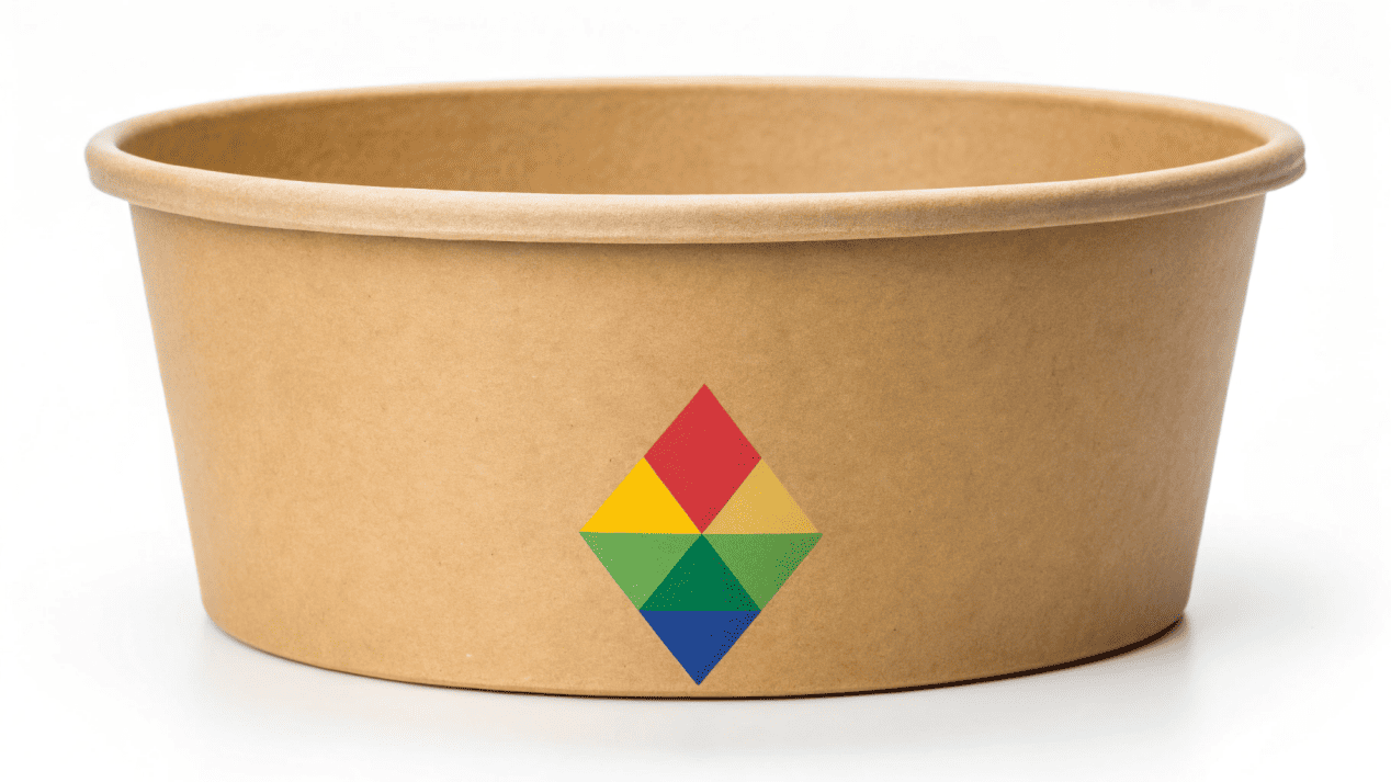 A large 32oz Kraft paper bowl with a bold, colorful logo printed on it