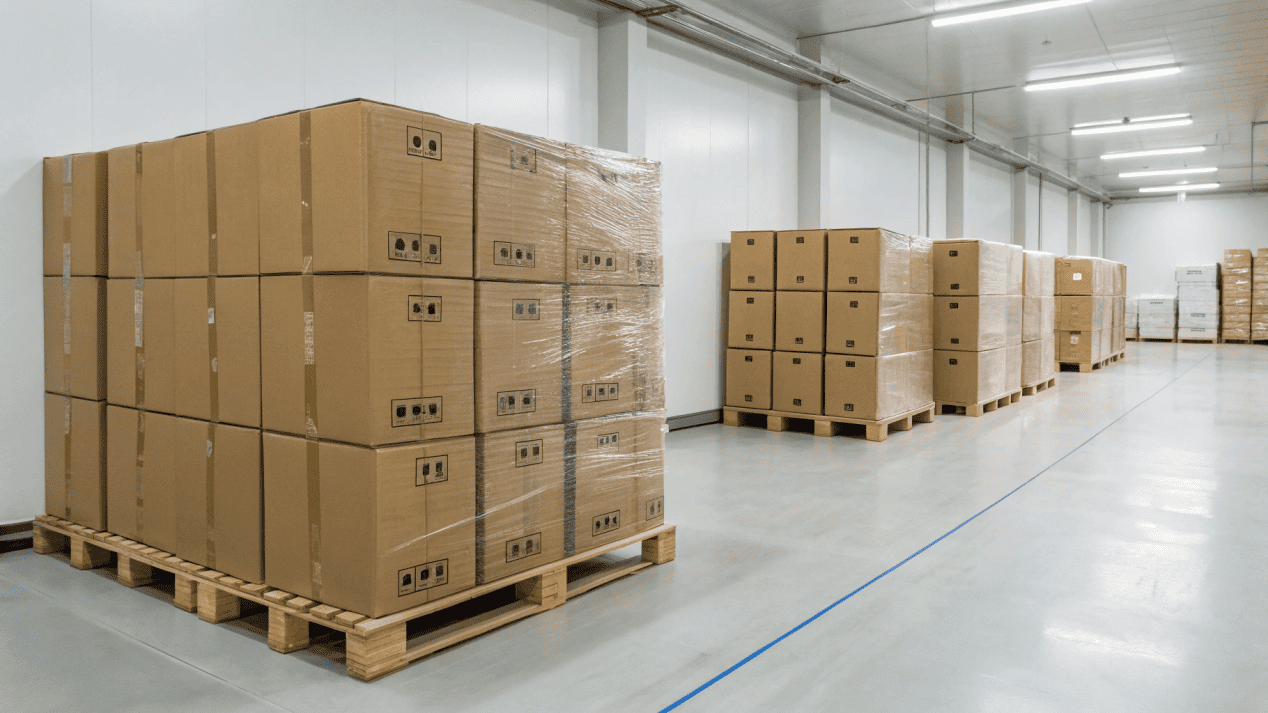 Shipping cases of large paper bowls stacked neatly and securely in a dry storeroom
