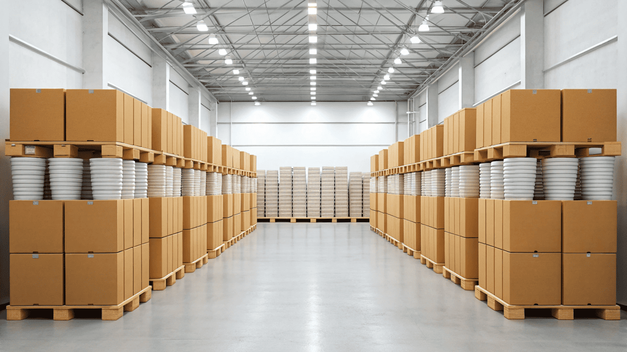 A warehouse full of boxed disposable soup bowls