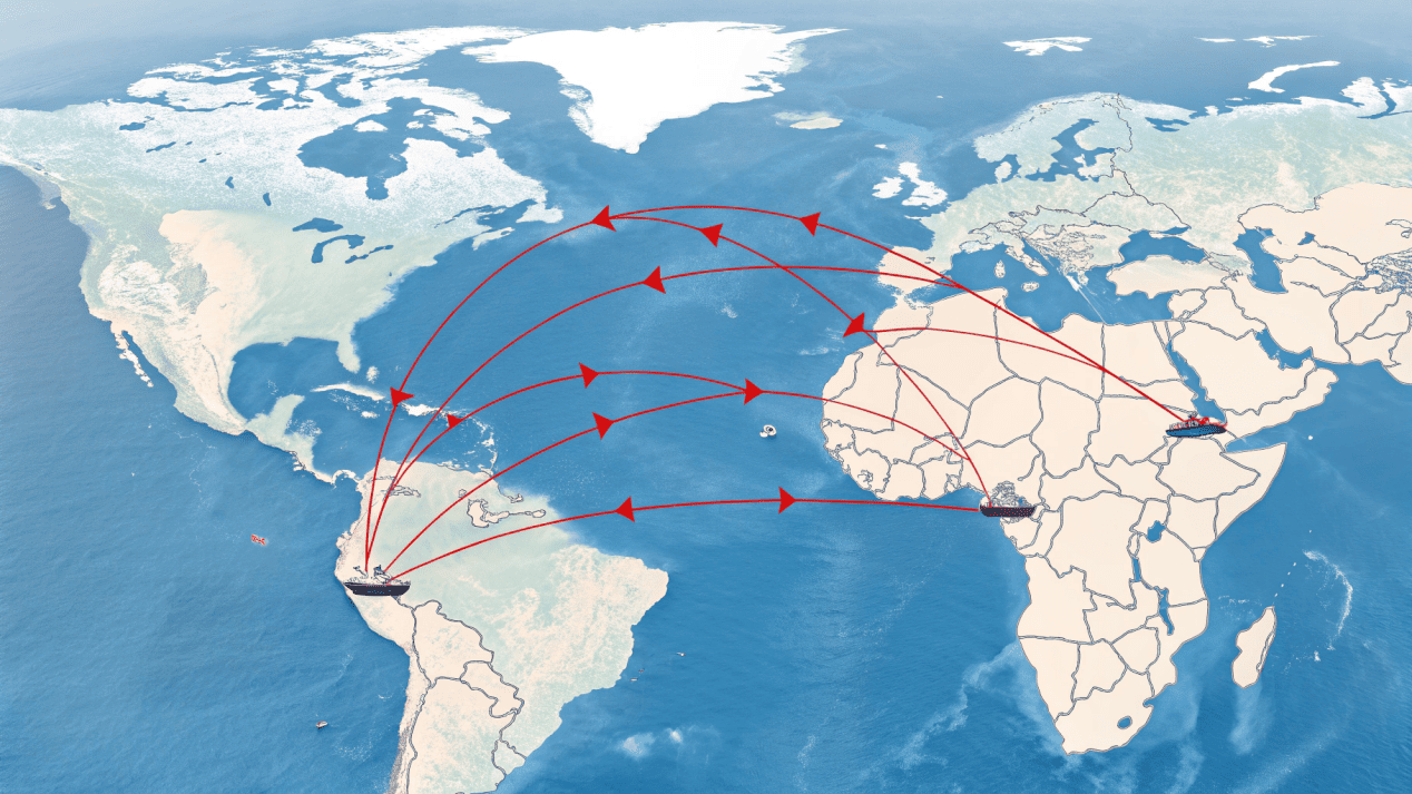 A map showing a sea freight route from China to the USA