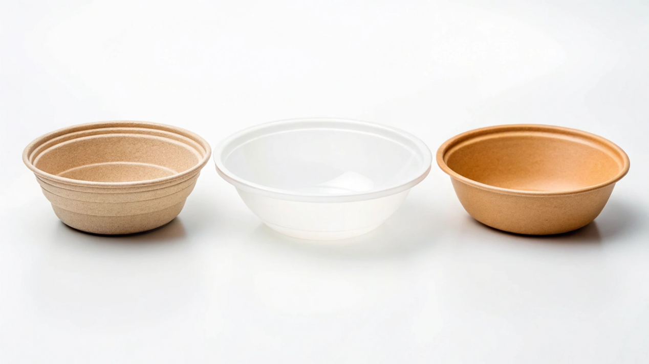 A paper bowl, a plastic bowl, and a bagasse bowl side-by-side for comparison