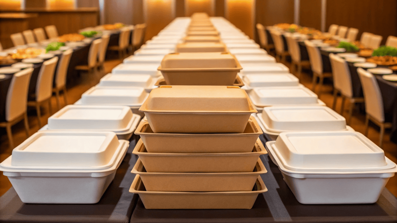 An array of professional catering boxes and trays ready for a large event