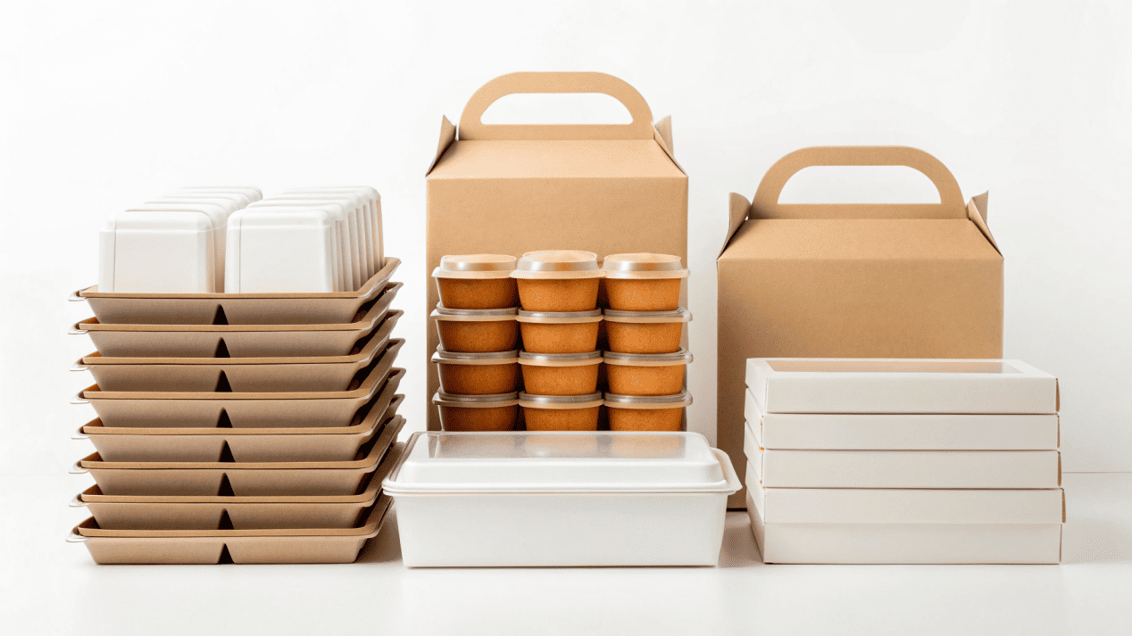 A display showing different types of catering boxes: stackable trays, large pans, bakery boxes, and gable boxes