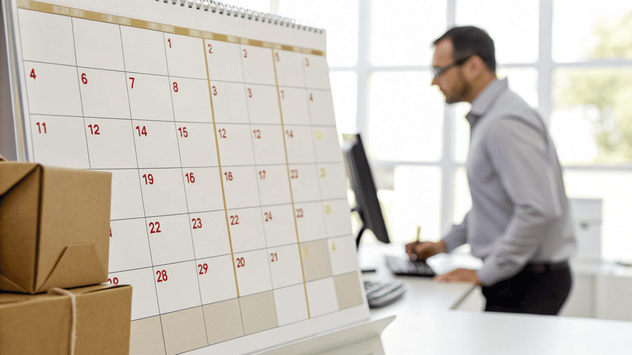 A calendar showing a packaging order being placed in Q2 for a Q4 holiday rush, illustrating advance planning
