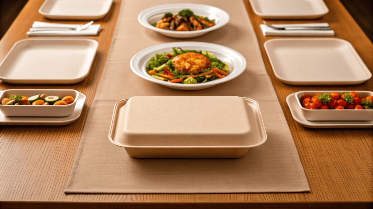 An elegant catering spread featuring food in natural-looking bagasse trays and PLA-lined paper boxes