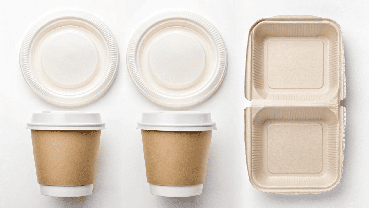 A display of various compostable packaging items made from different materials like PLA, bagasse, and paper