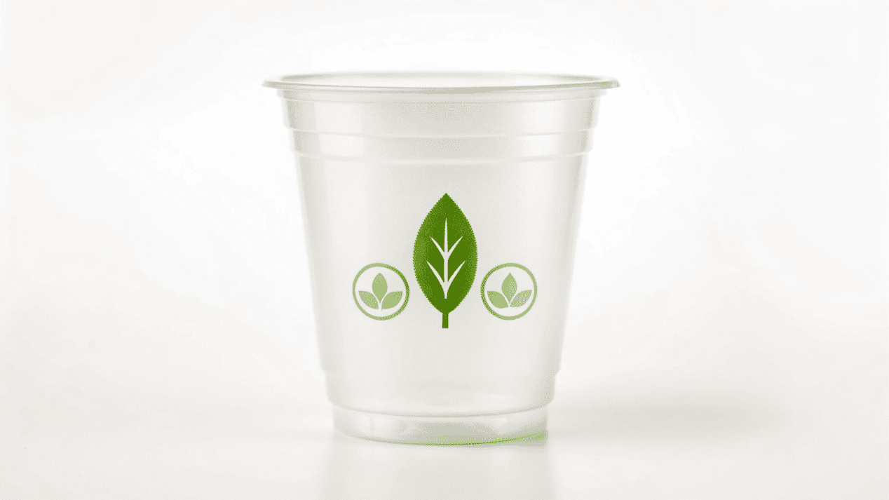 A close-up of a PLA cup showing clear, simple icons like "Made From Plants" and "Commercially Compostable"