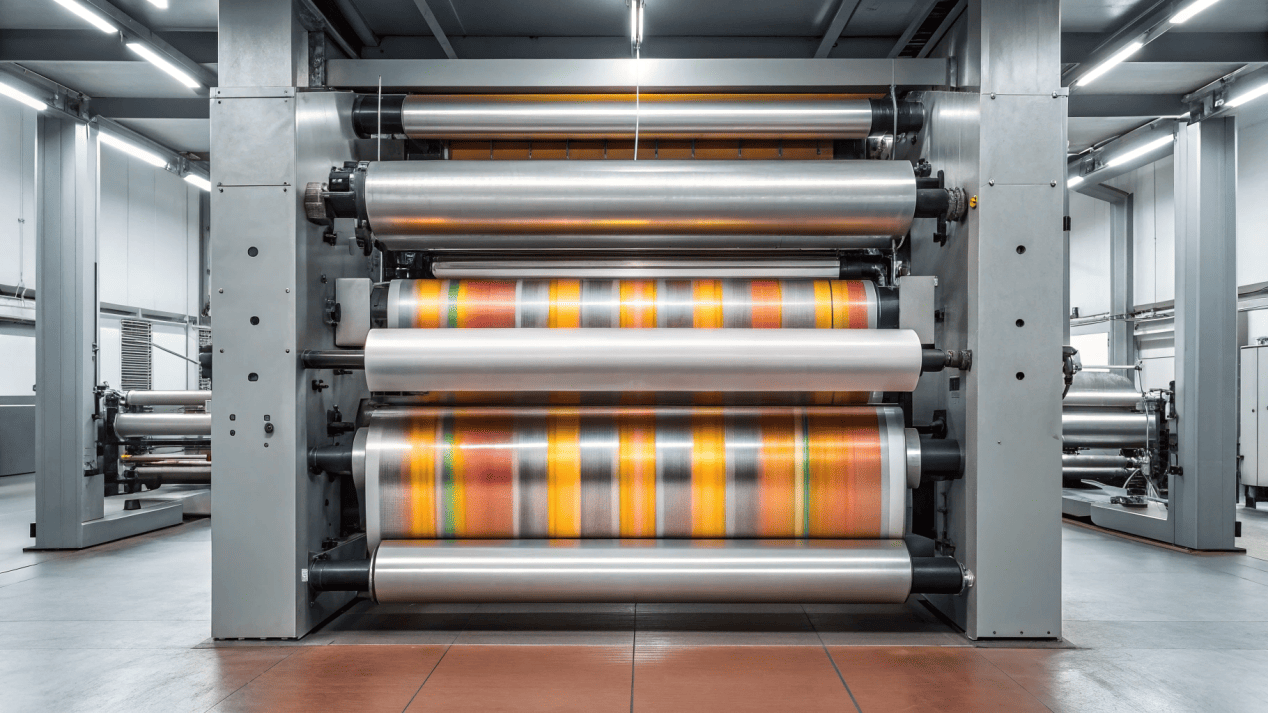 A large industrial printing press in operation, showing Flexo or Offset printing