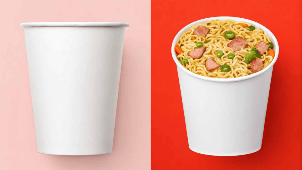 A before-and-after shot of an instant noodle cup, from plain to custom designed