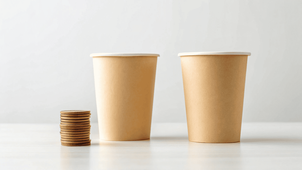 A stack of coins next to a PE-lined cup and a larger stack next to a PLA-lined cup
