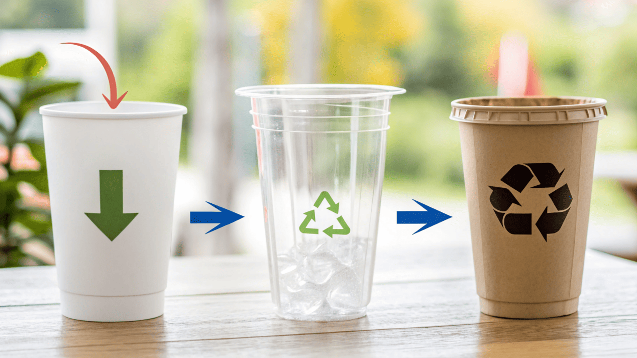 An infographic showing the lifecycle of different cup types: landfill, recycling plant, compost facility