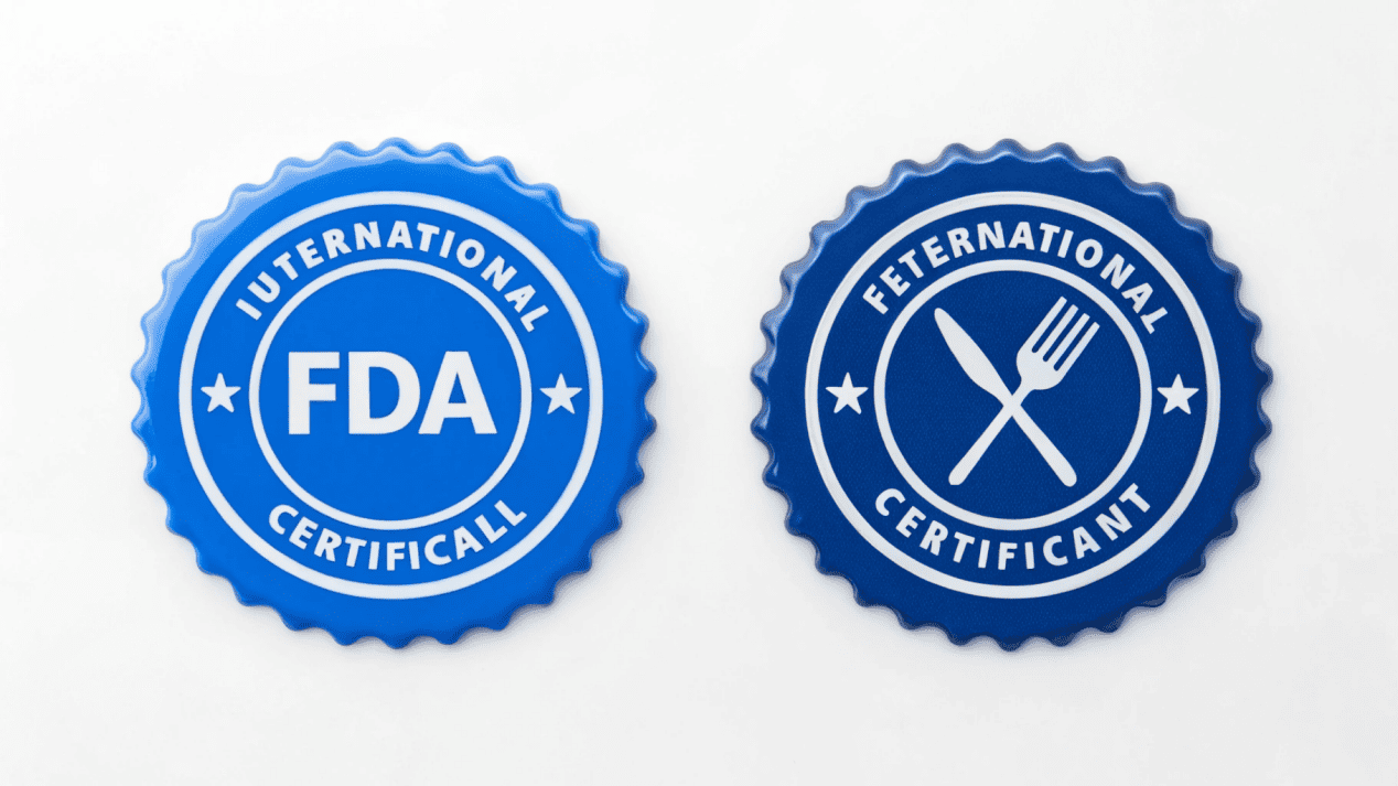 A close-up of an FDA and EU certification seal