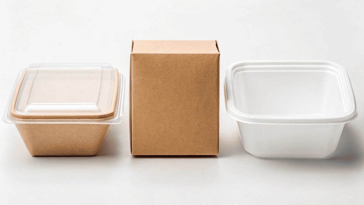 A display showing different materials: a paper box, a clear PET container, and a PP bowl