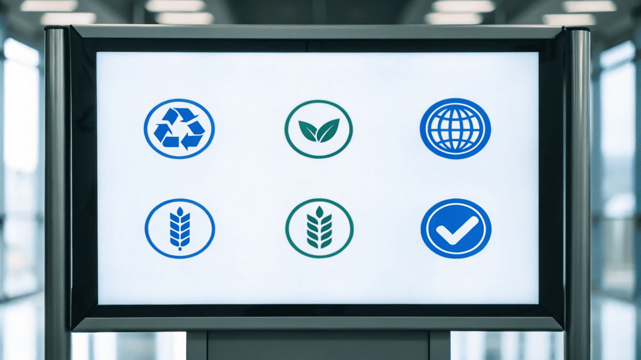 Certificates like FDA and ISO seals of approval displayed on a screen