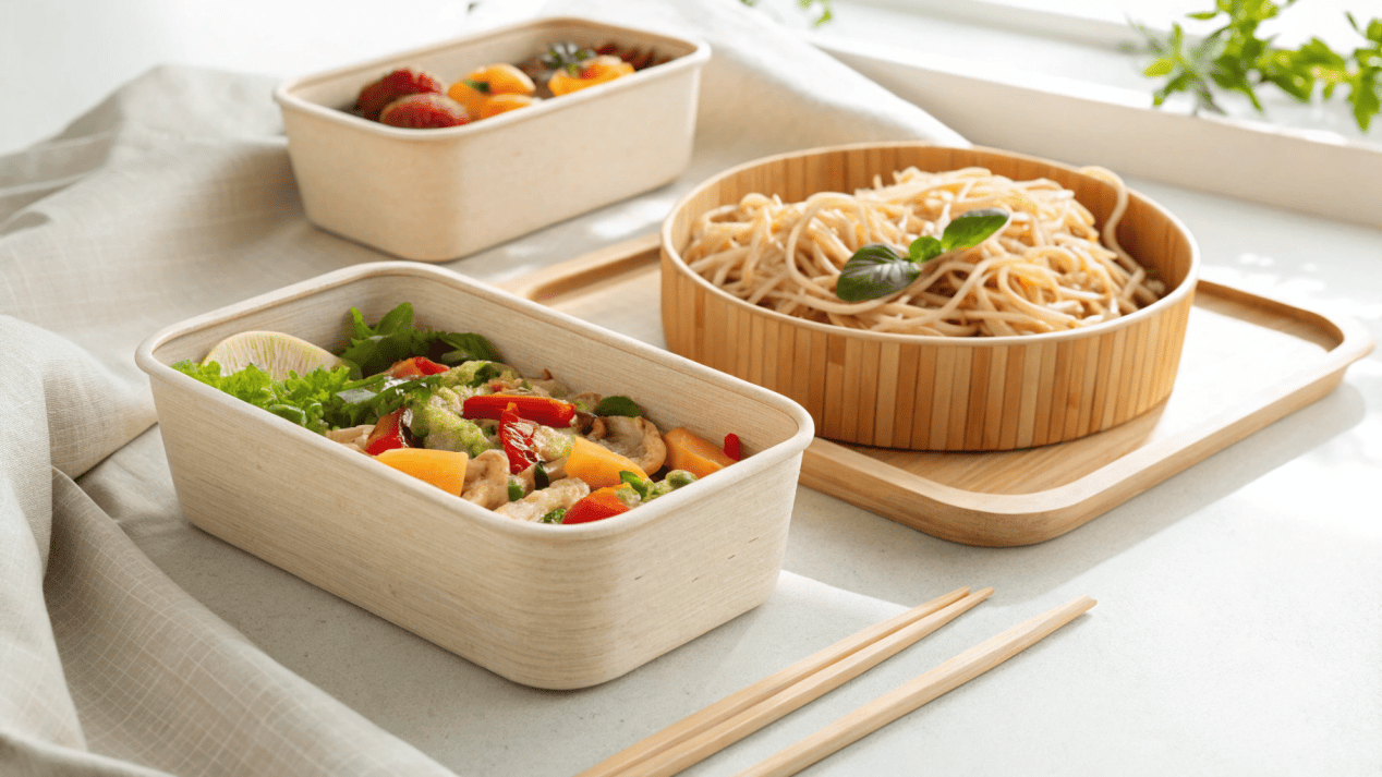 An elegant display of food served in natural-looking bagasse and bamboo containers