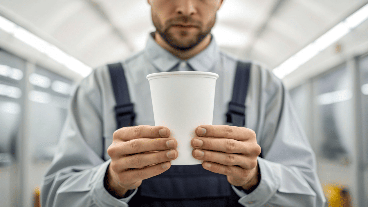 A person closely inspecting a sample paper cup for quality