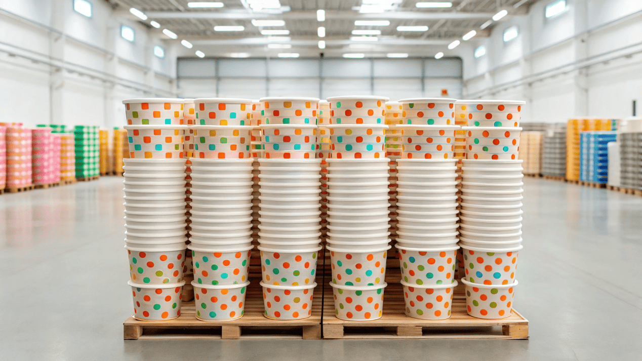 A large stack of custom printed disposable ice cream cups ready for shipping