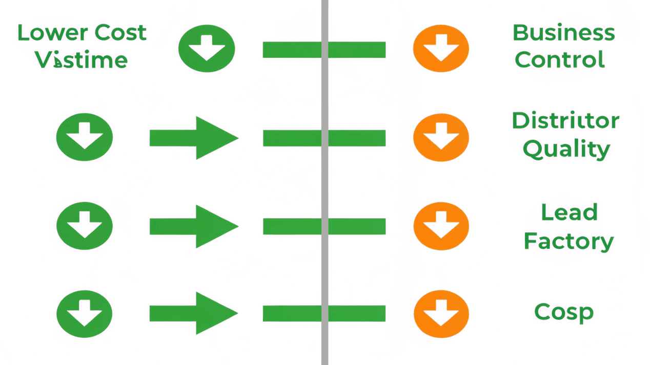 An infographic comparing the path from factory-to-business vs. factory-to-distributor-to-business
