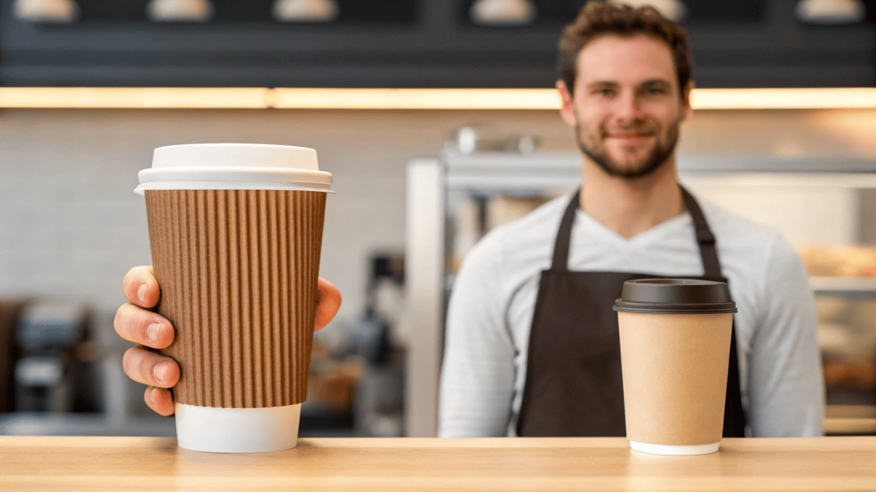 A person comfortably holding a hot beverage in a double wall cup, and another needing a sleeve for a single wall cup