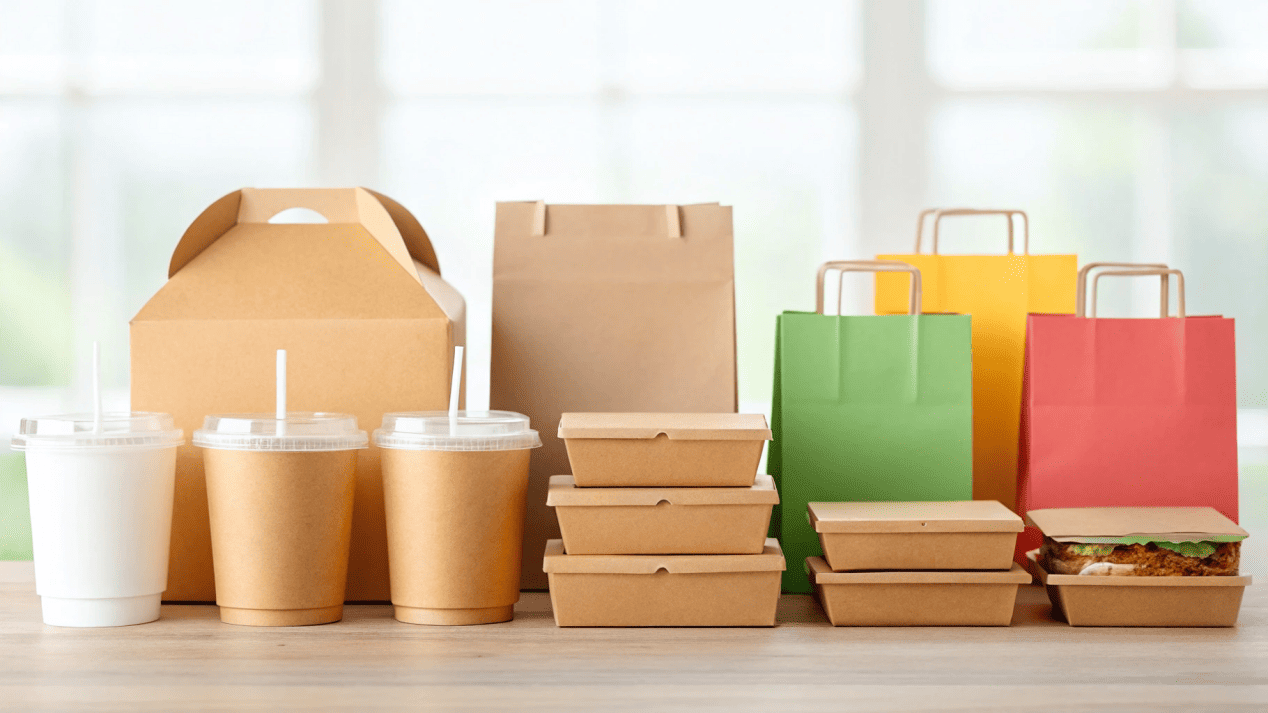 A variety of food packaging options like boxes, bags, and containers on a table
