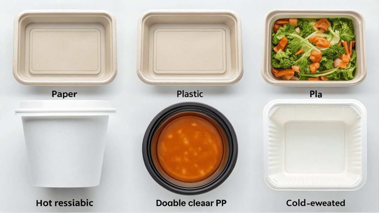 A chart or collage showing different materials like PP, PET, paperboard, and PLA