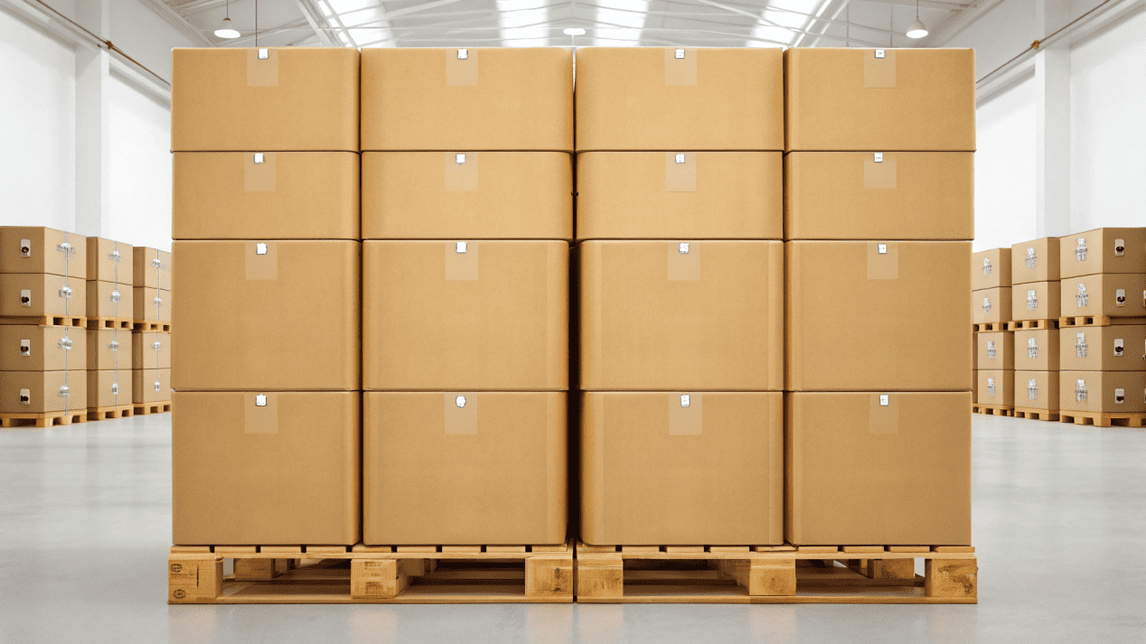 A pallet of boxes stacked high in a warehouse, testing for stacking strength