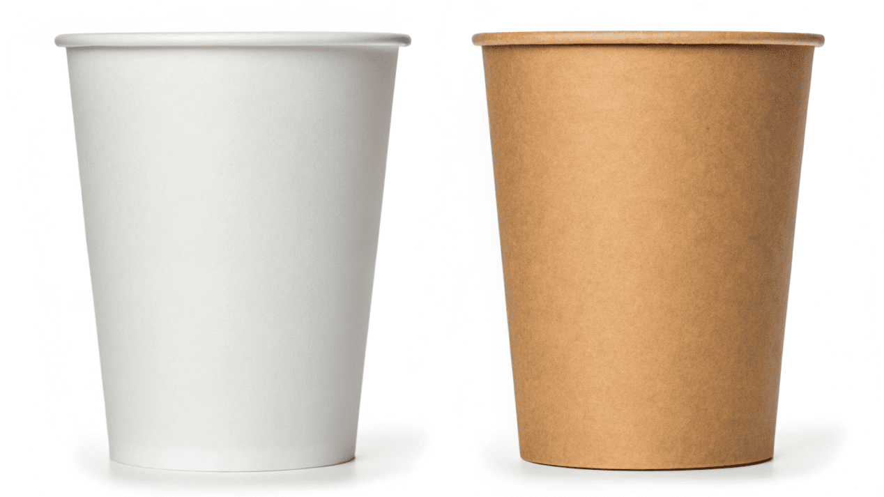 A close-up comparison of a PE-coated paper cup and a PLA-coated paper cup
