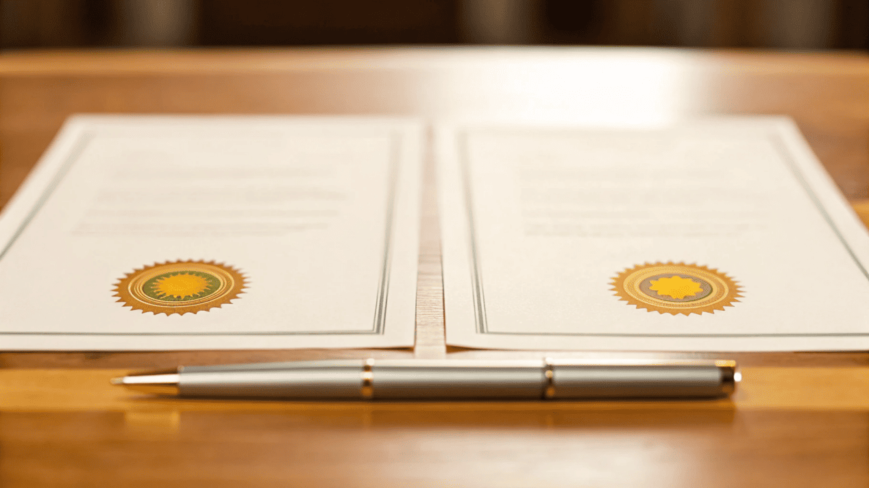 A close-up of food safety certification documents like [BRCGS](https://www.brcgs.com/our-standards/food-safety/)<sup id=