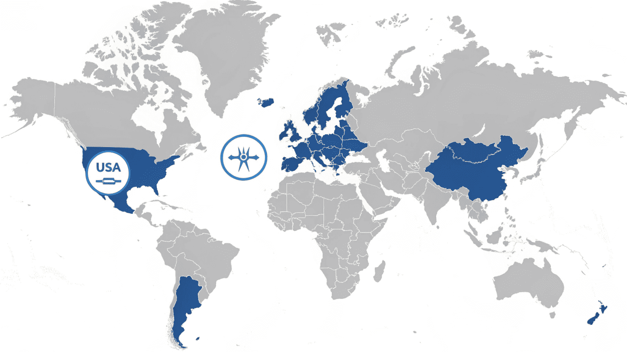 A map of the world with icons representing different compliance standards for USA, EU, and Middle East