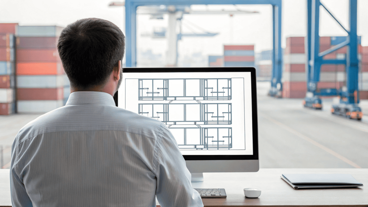 A logistics manager planning container loading on a computer with a shipping port in the background