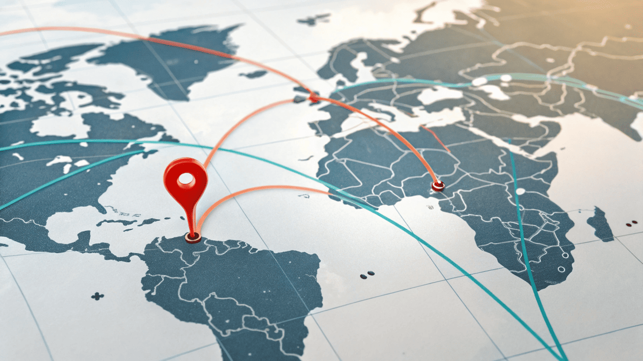 A logistics map showing direct shipping from a factory in China to clients worldwide