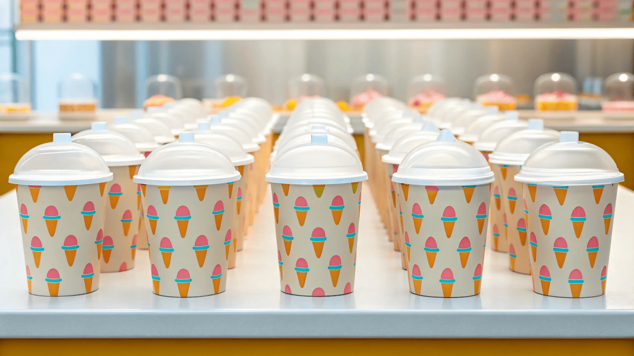 A display of various disposable ice cream cups and lids, ready for a busy day