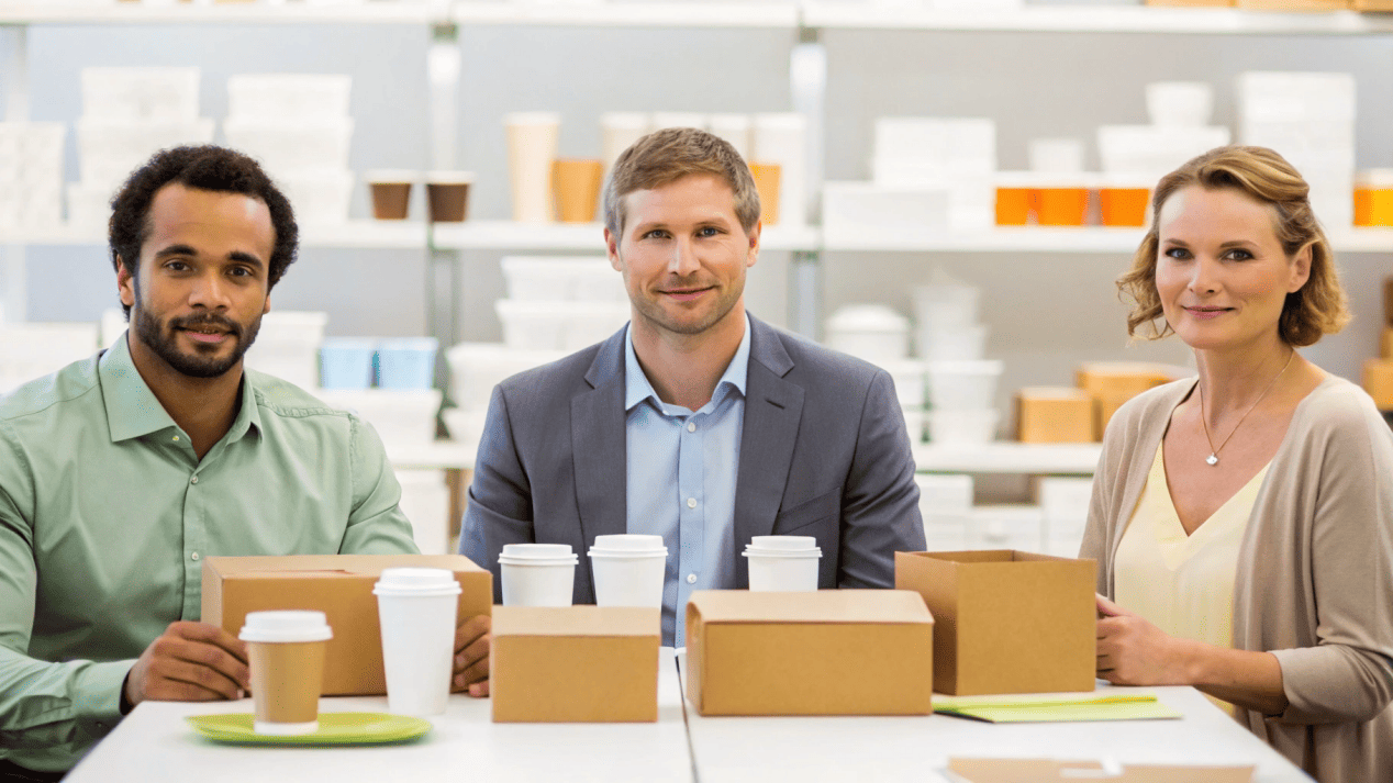 Different business owners—a cafe owner, a franchise manager, a caterer—looking at tailored packaging options