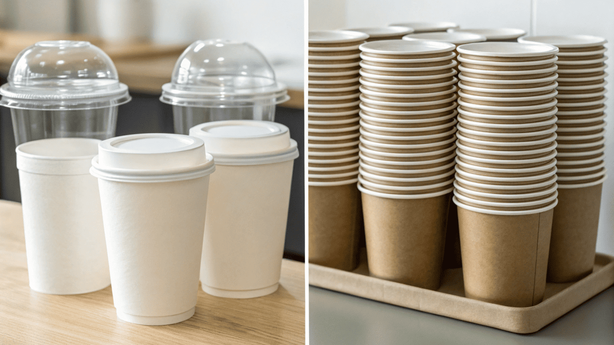 A split image showing a neat stack of combo packs on one side, and a mix-and-match selection of separate cups and lids on the other