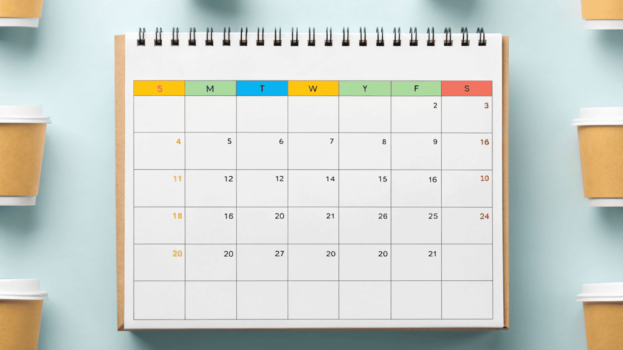 A calendar with the summer months highlighted, showing order deadlines and delivery dates well in advance