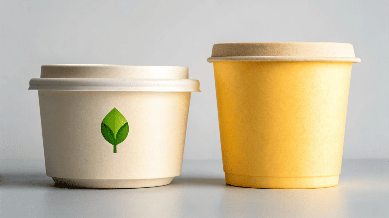 A modern paper noodle bowl next to an old foam container
