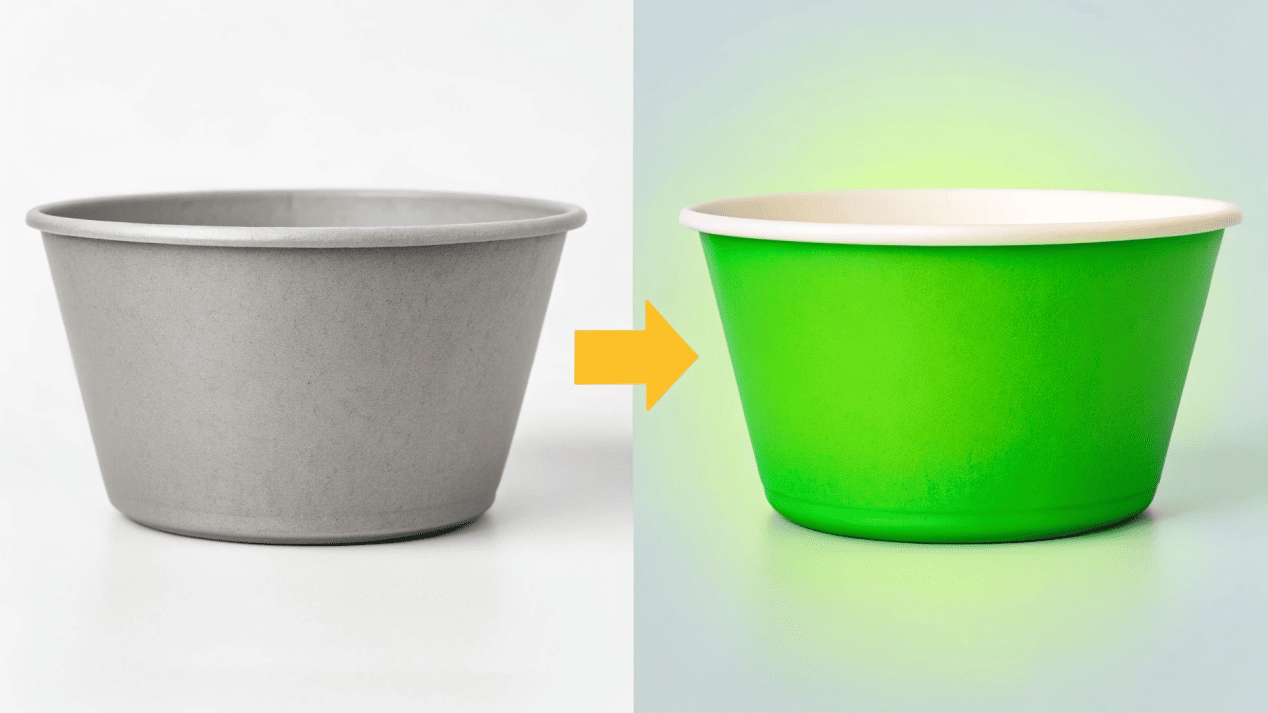 A graphic showing a brand's logo improving as it moves from a foam bowl to a stylish paper bowl