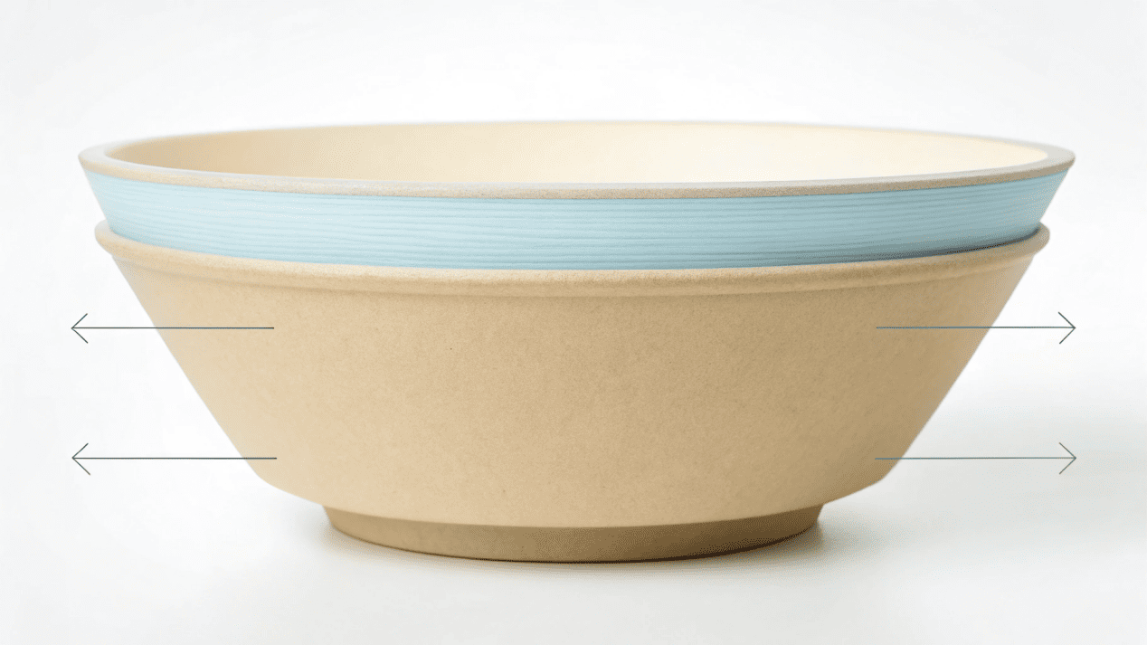 A cross-section illustration of a paper noodle bowl showing the layers of paperboard and PLA lining