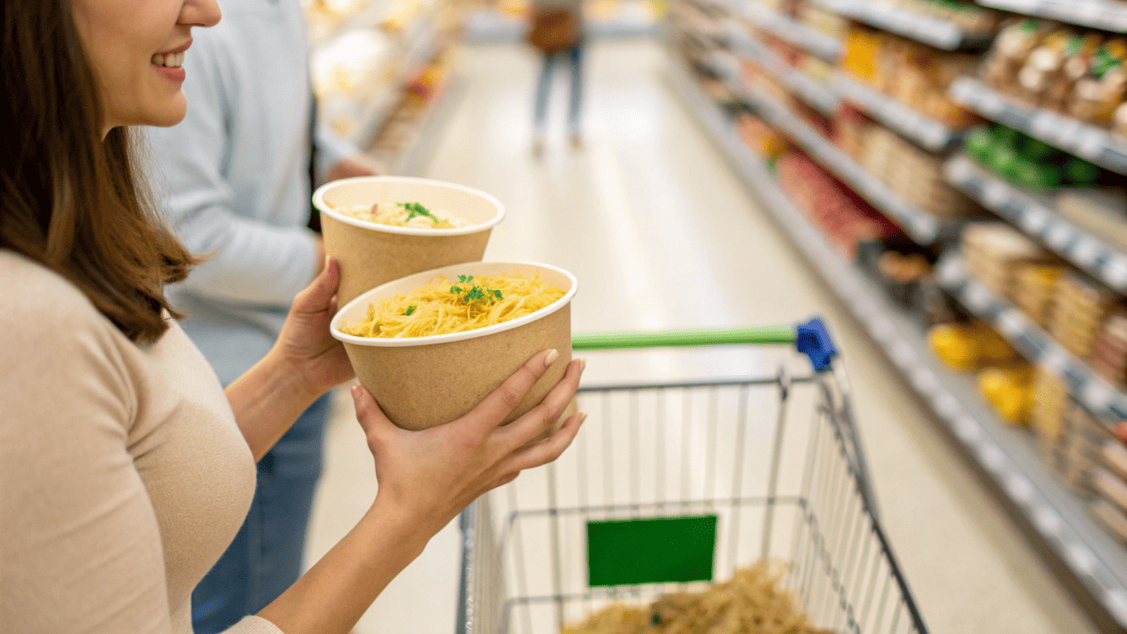 A customer in a supermarket aisle comparing two noodle bowls and choosing the one with clear eco-friendly labeling