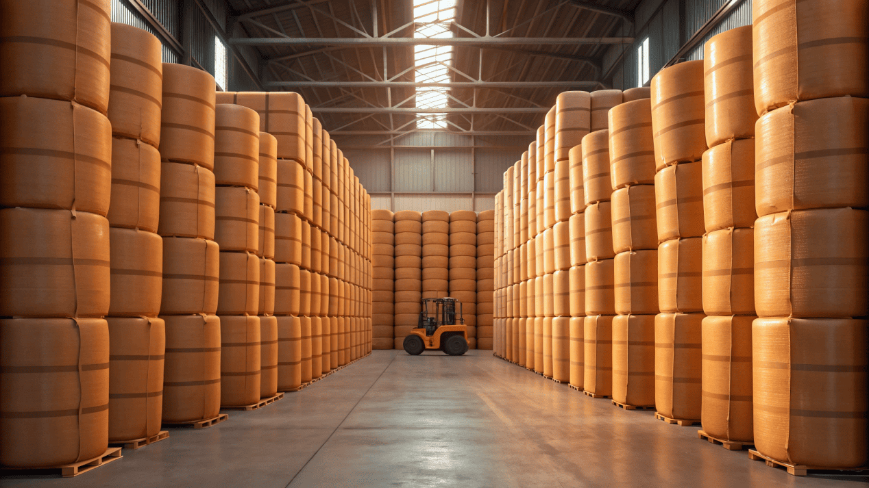 A large pile of raw Kraft pulp bales at a mill