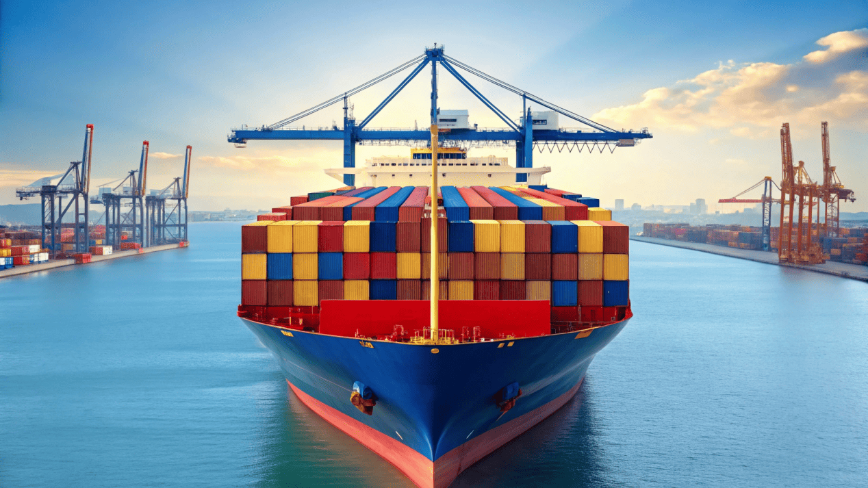 A cargo ship loaded with containers at a busy port