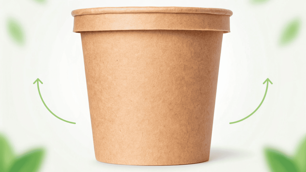 A cross-section diagram of a Kraft paper cup showing the paper layer and the inner PLA liner