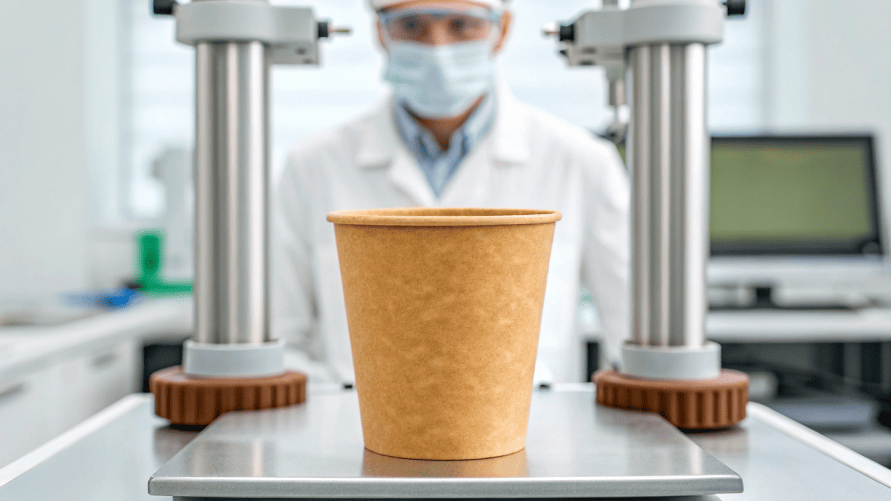 A lab technician performing a compression test on a Kraft paper ice cream cup